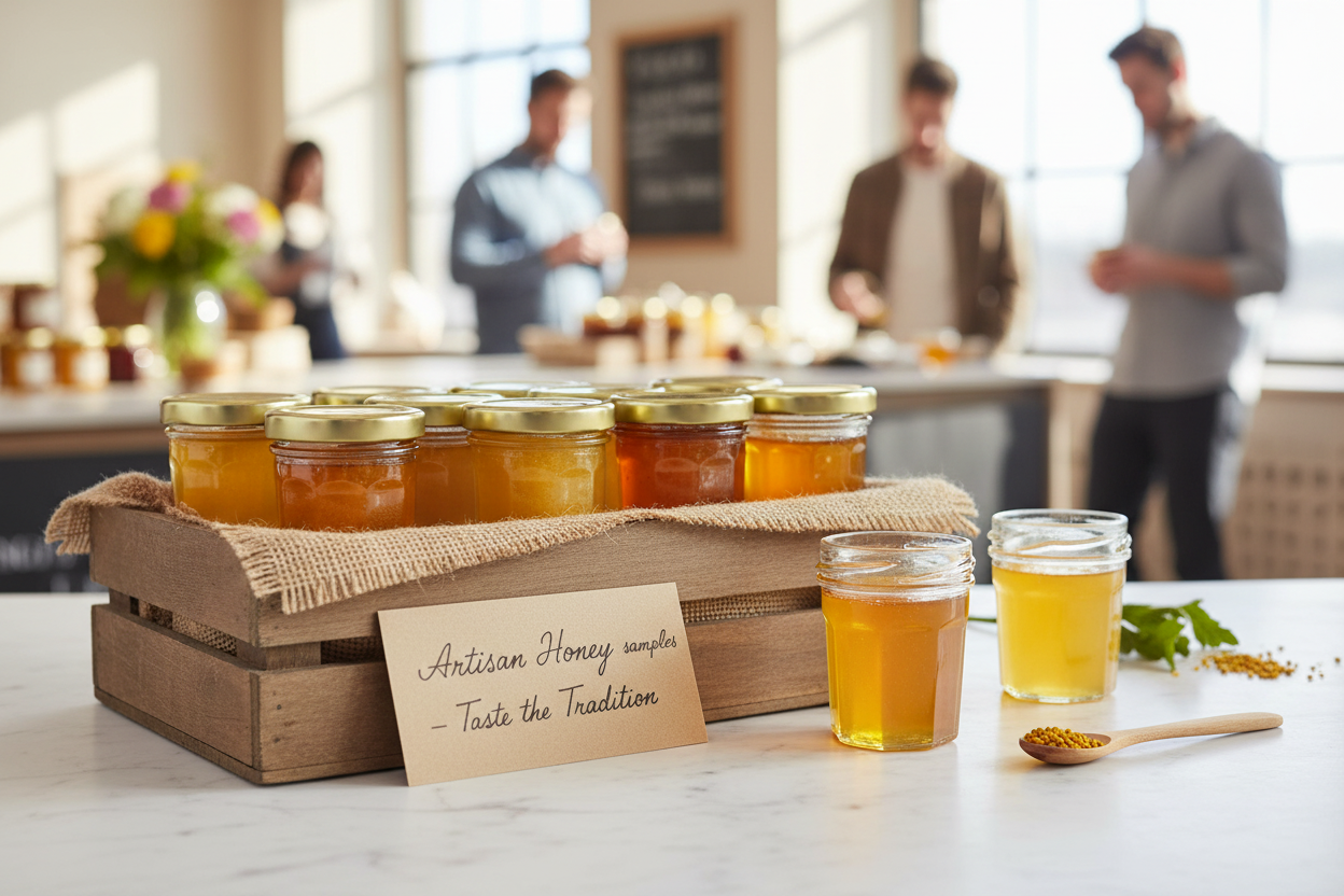 Frascos mini con muestras de miel en mercado gourmet