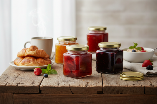 Frascos cuadrados con conservas en mesa de desayuno
