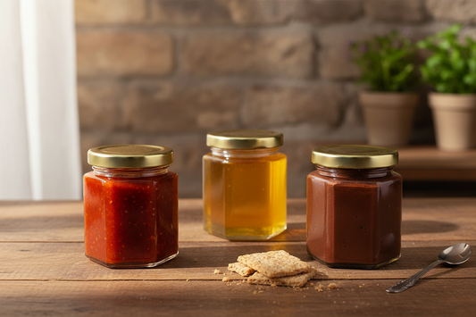 Frascos hexagonales con productos variados en mesa