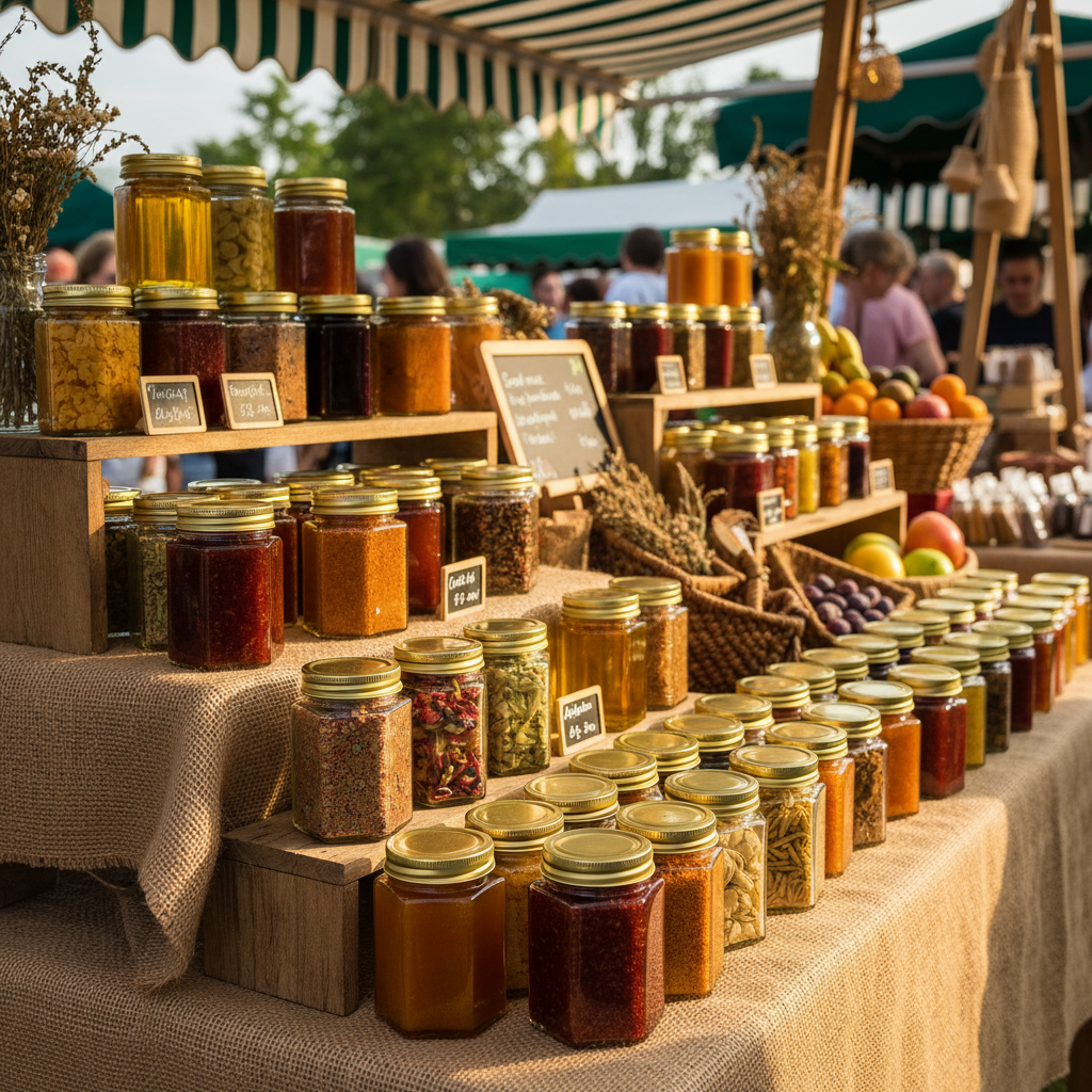 Envases hexagonales en mercado al aire libre con productos artesanales