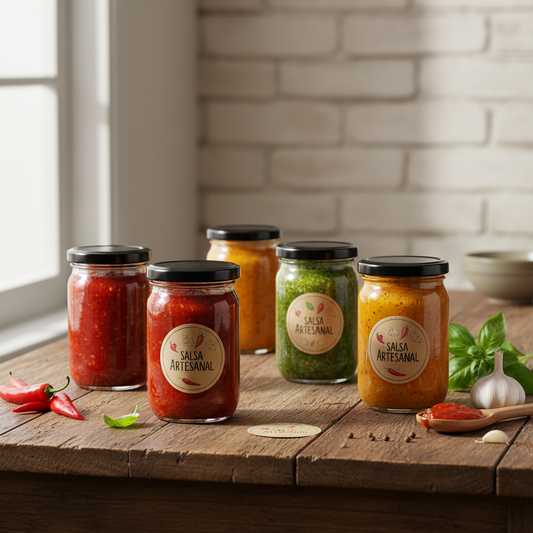 Envases con salsas artesanales en mesa de madera ambiente lifestyle