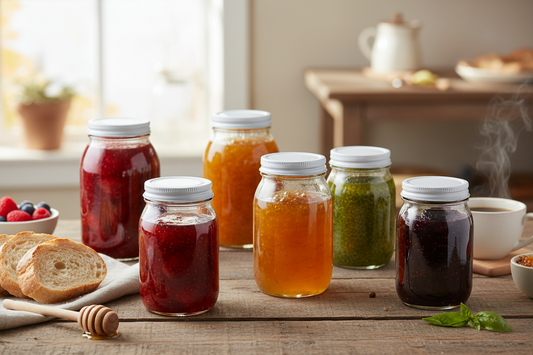 Frascos con mermeladas y postres en mesa de desayuno