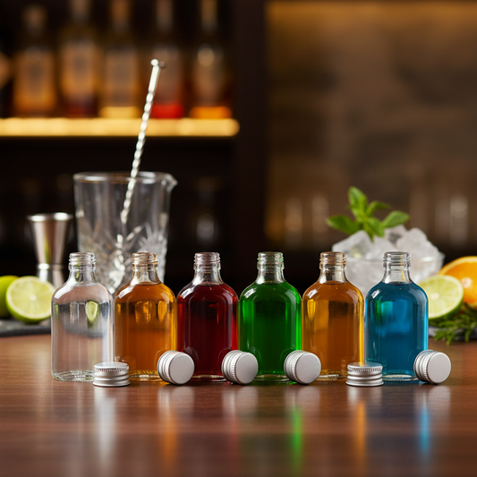 Botellas flint 50cc en barra de bar con ingredientes de coctel