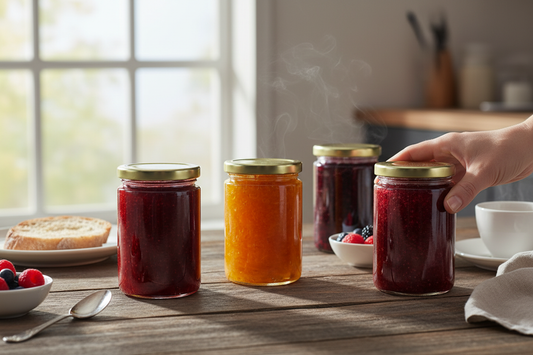 Frascos con conservas caseras en mesa de desayuno
