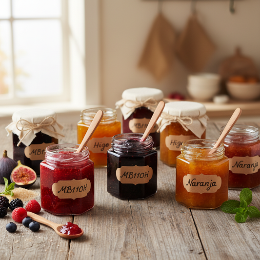 Envases hexagonales con mermeladas artesanales en mesa de madera ambiente lifestyle