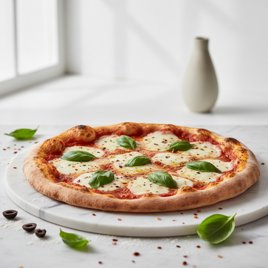 Pizza con base de salsa de tomate californiano sobre mármol blanco