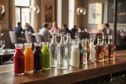 Colección de botellas de vidrio para licores en distintos formatos, formas y colores sobre fondo de restaurante