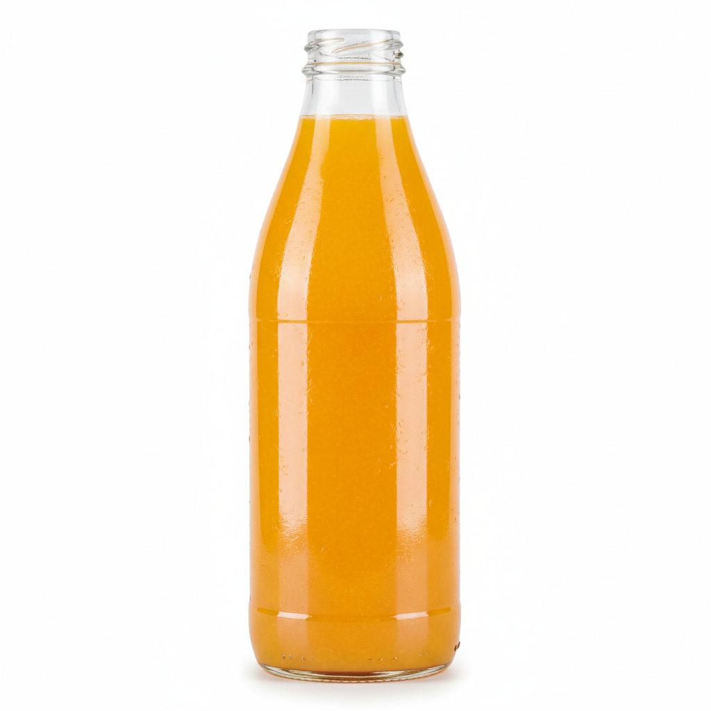 Botella con jugo de naranja sin tapa