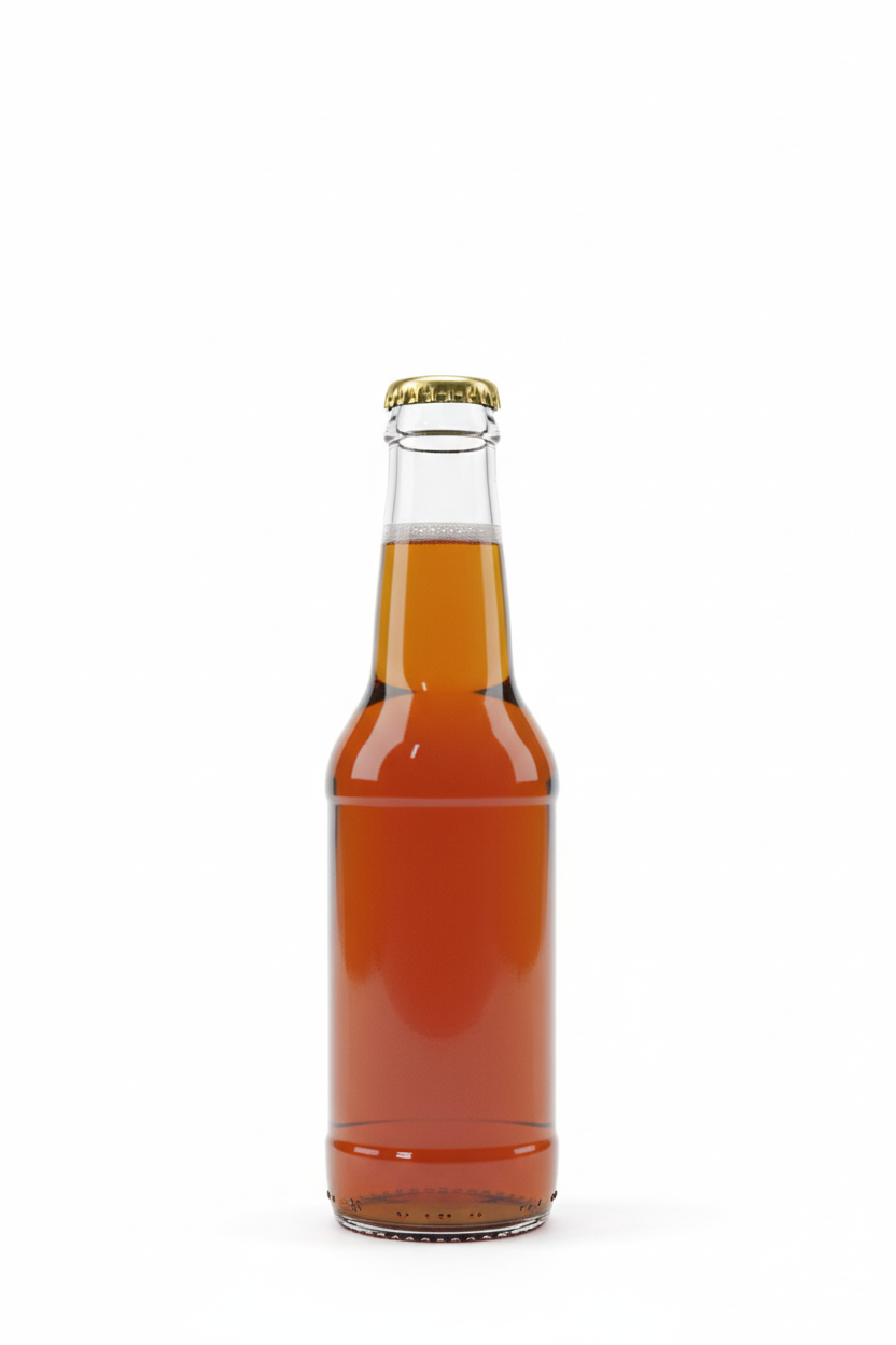 Botella de vidrio 207ml con cerveza artesanal y tapa corona metálica dorada