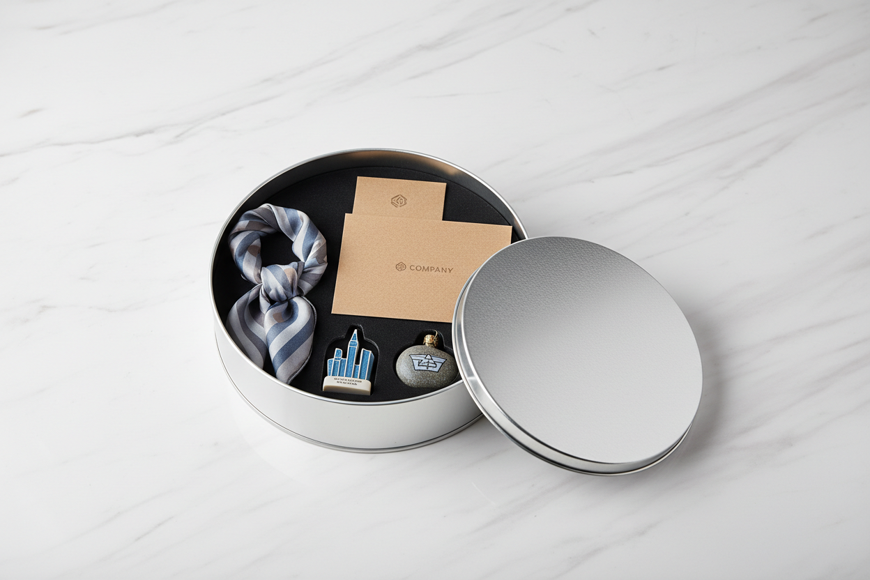 Caja metálica plateada abierta con kit de regalo corporativo premium — pañuelo de seda, adornos souvenir y tarjeta kraft