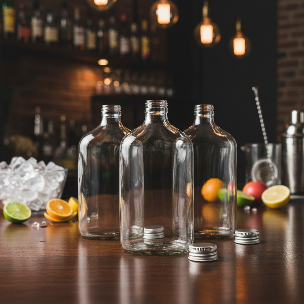 Botellas flint 350cc en barra de bar con ingredientes de coctel