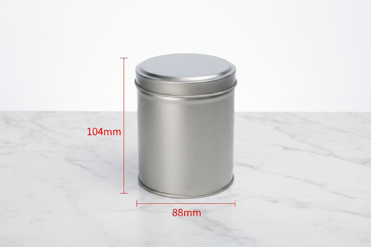 Caja metálica redonda 88mm diámetro x 104mm alto con guías de medidas externas en rojo — dimensiones exactas