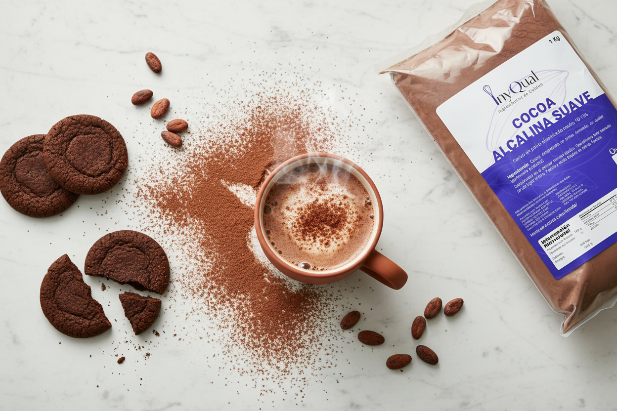 Cocoa alcalina suave en mesa de mármol con galletas y taza de chocolate