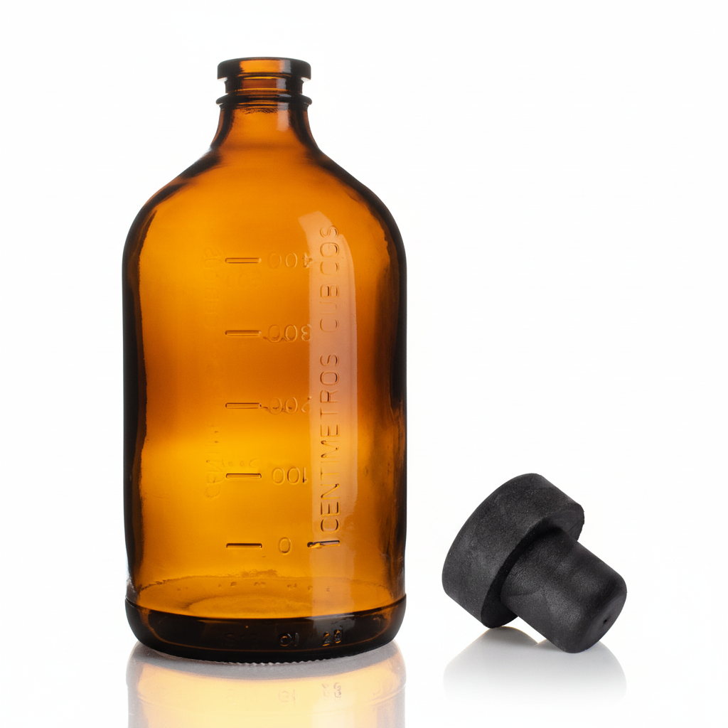 Envase de vidrio ámbar 645ml con tapón sintético al lado