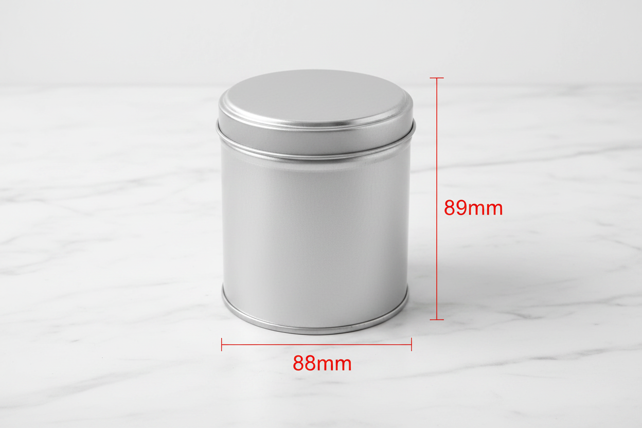 Caja metálica redonda 88mm diámetro x 89mm alto con guías de medidas externas en rojo — dimensiones exactas