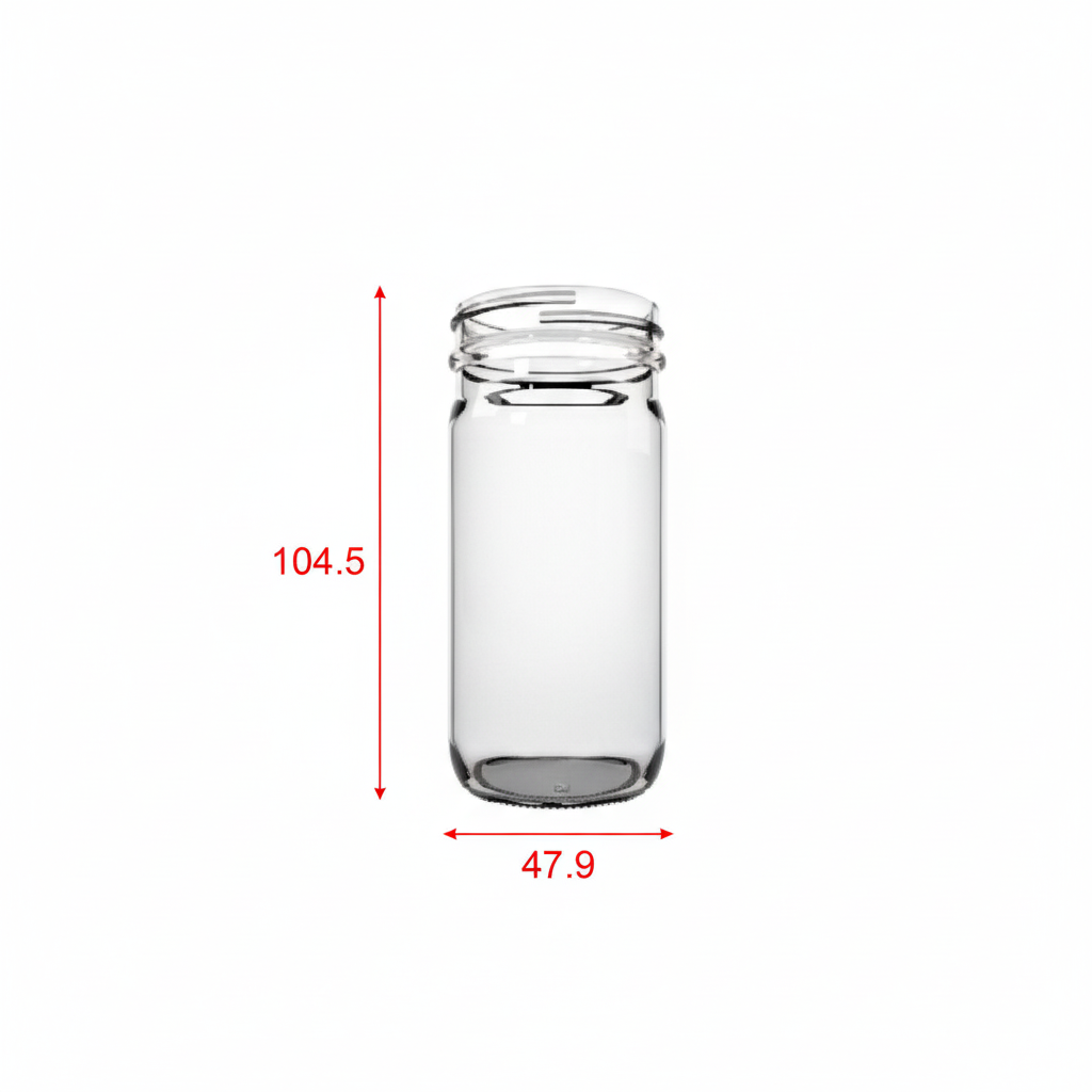 Dimensiones del envase de vidrio 125ml: 104.5mm alto x 47.9mm diámetro
