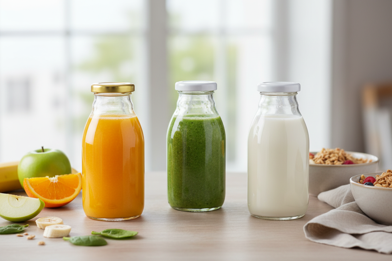 Mesa de desayuno con botellas de vidrio con jugos y bebidas saludables