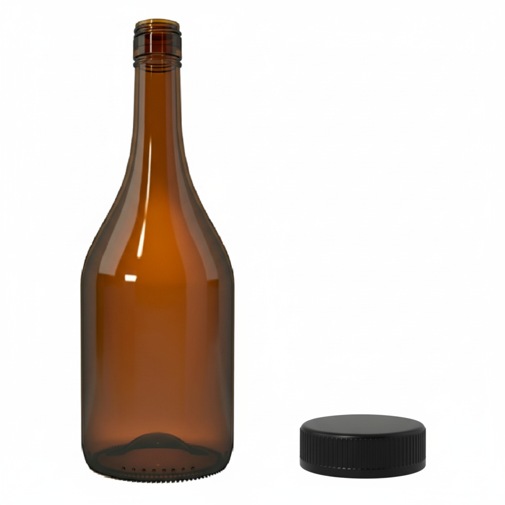 Botella ámbar 750ml con tapa negra 28mm al lado