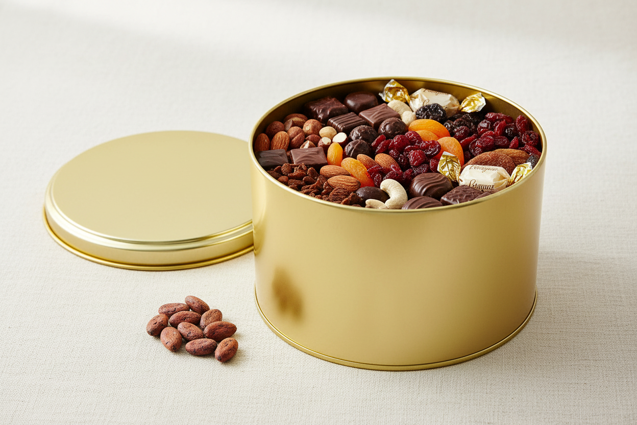 Caja metálica dorada abierta con chocolates, frutos secos y dulces gourmet — uso para alimentos premium
