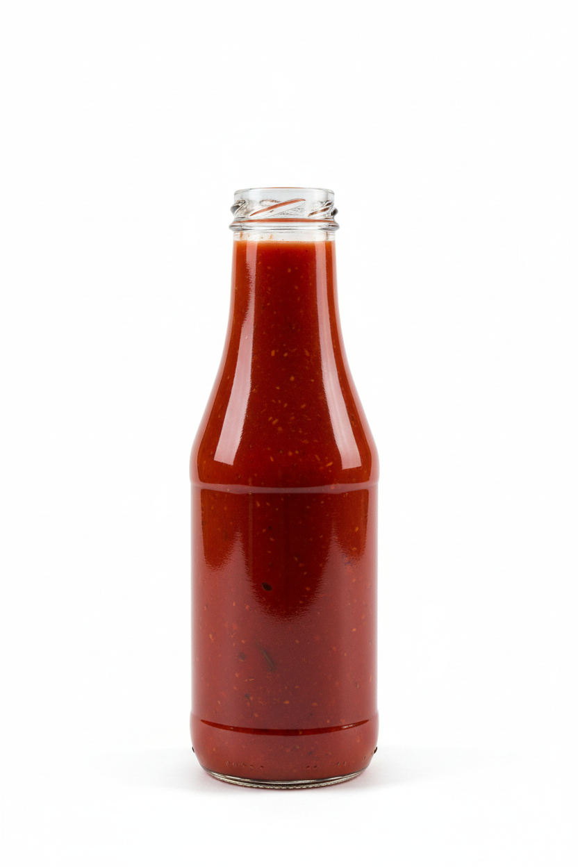 Botella de vidrio transparente 358ml llena con salsa de tomate casera