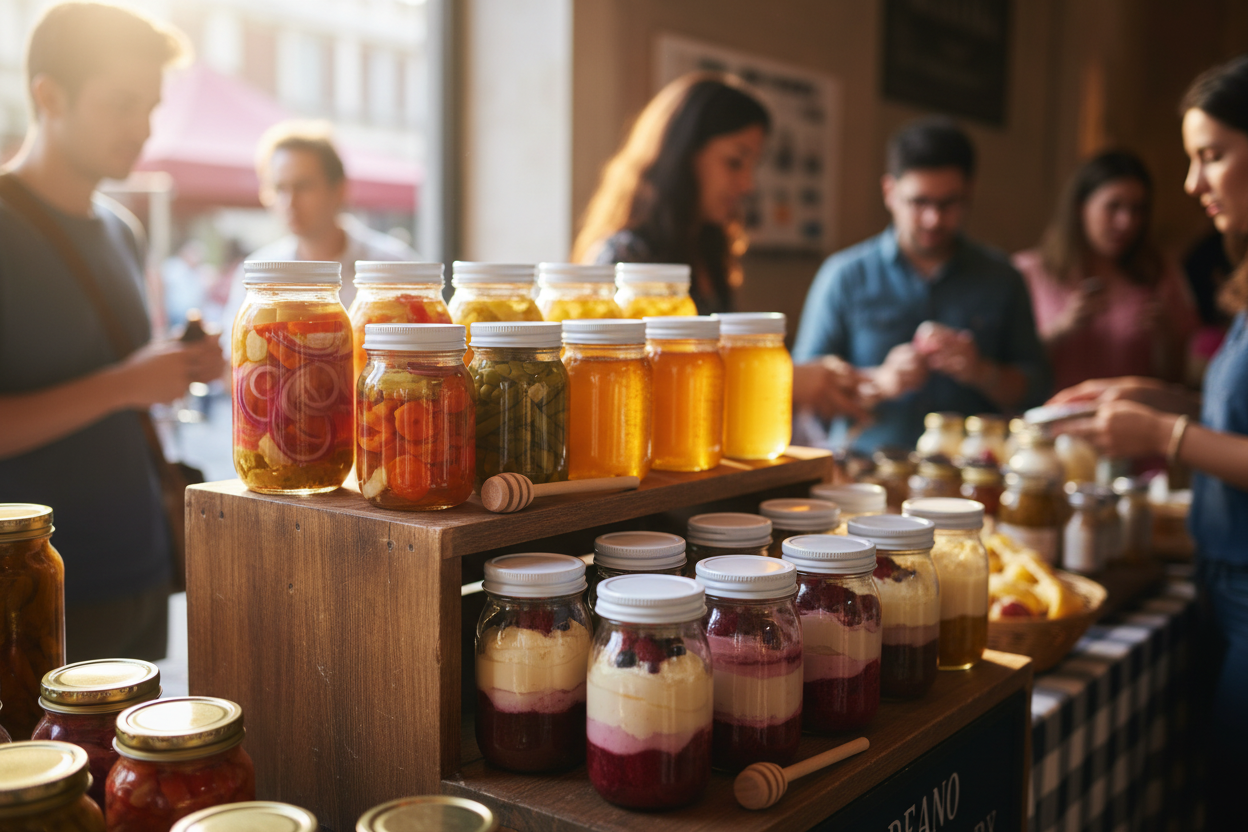 Frascos con variedad de productos en mercado gourmet