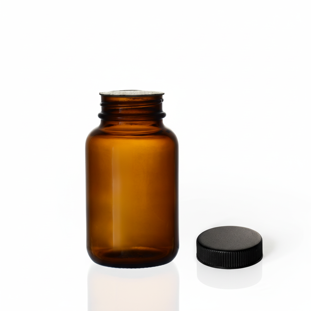 Envase de vidrio ámbar MB120R 120ml con tapa plástica negra 38mm al lado