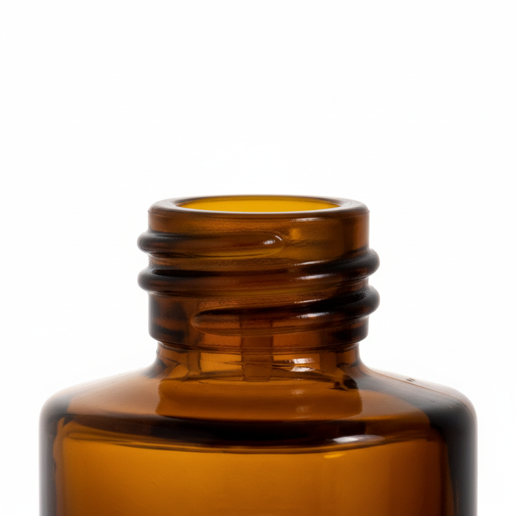 Close-up cuello rosca B.20-400 del envase de vidrio ámbar MB30FC 30ml