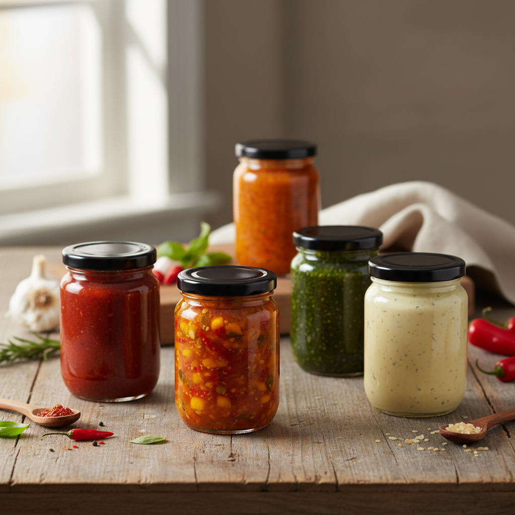 Envases con salsas artesanales en mesa de madera ambiente lifestyle