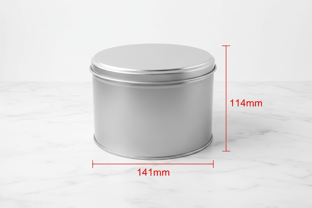 Caja metálica redonda 141mm diámetro x 114mm alto con guías de medidas externas en rojo — dimensiones exactas