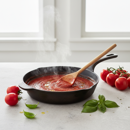 Salsa de tomate californiano en preparación con albahaca fresca