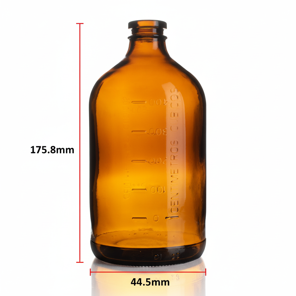 Dimensiones envase de vidrio ámbar 645ml: alto 175.8mm x diámetro 44.5mm