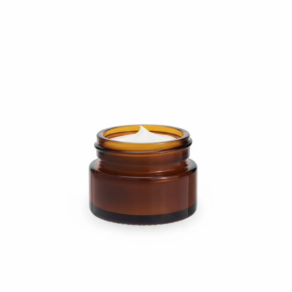 Envase de vidrio ámbar 15ml con crema, sin etiqueta