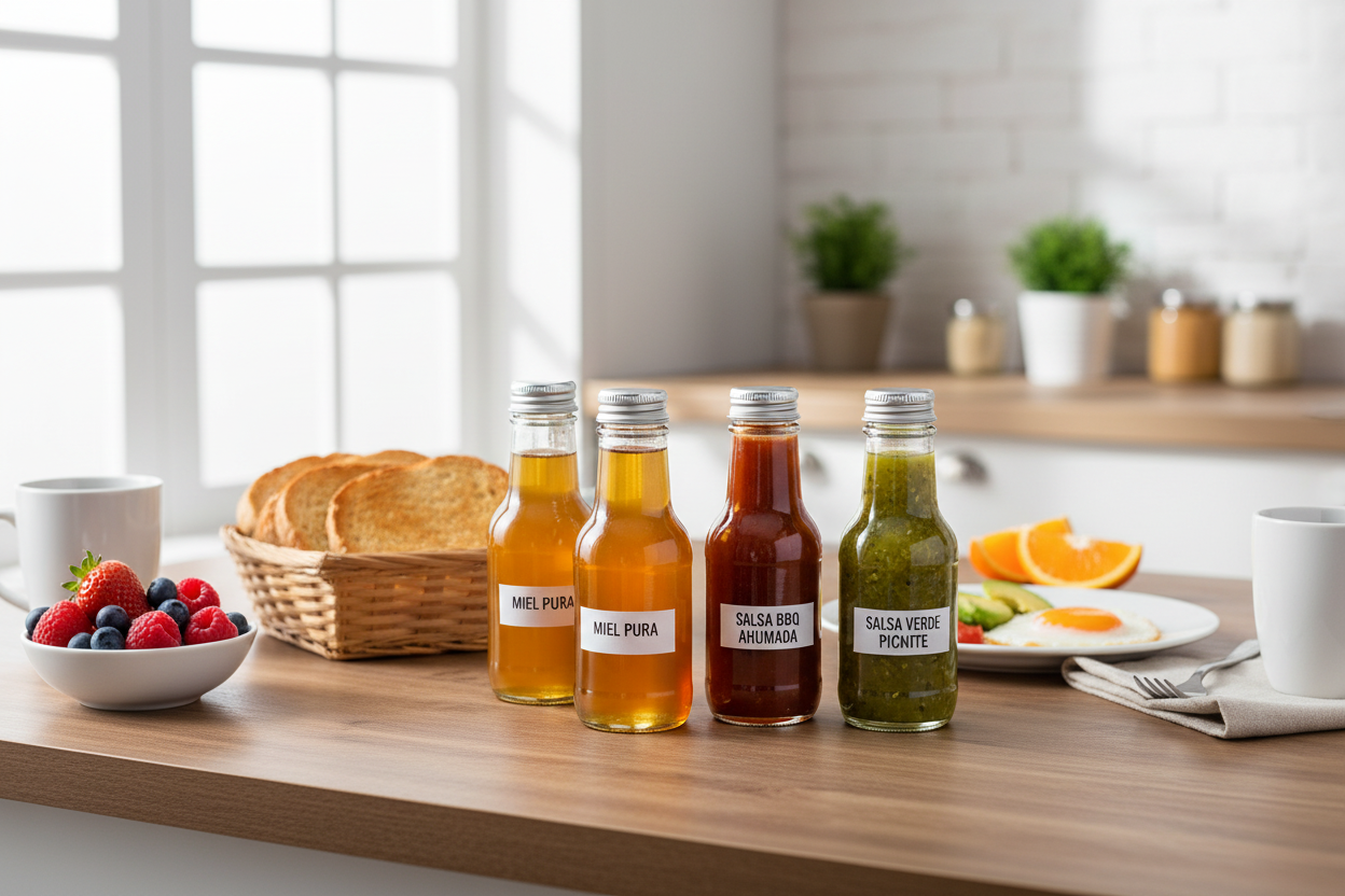 Mesa de desayuno con botellas de vidrio con miel y salsas