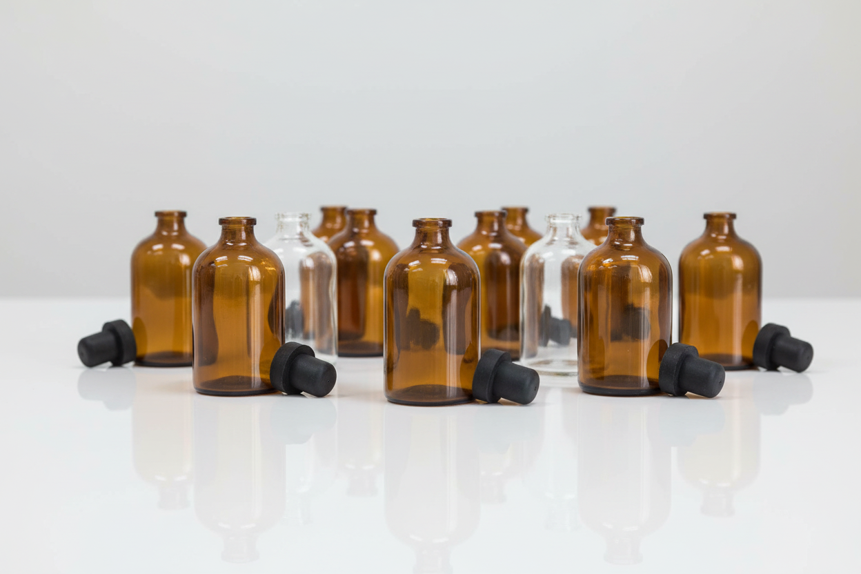 Envases de vidrio 100ml ámbar y flint en contexto de laboratorio farmacéutico