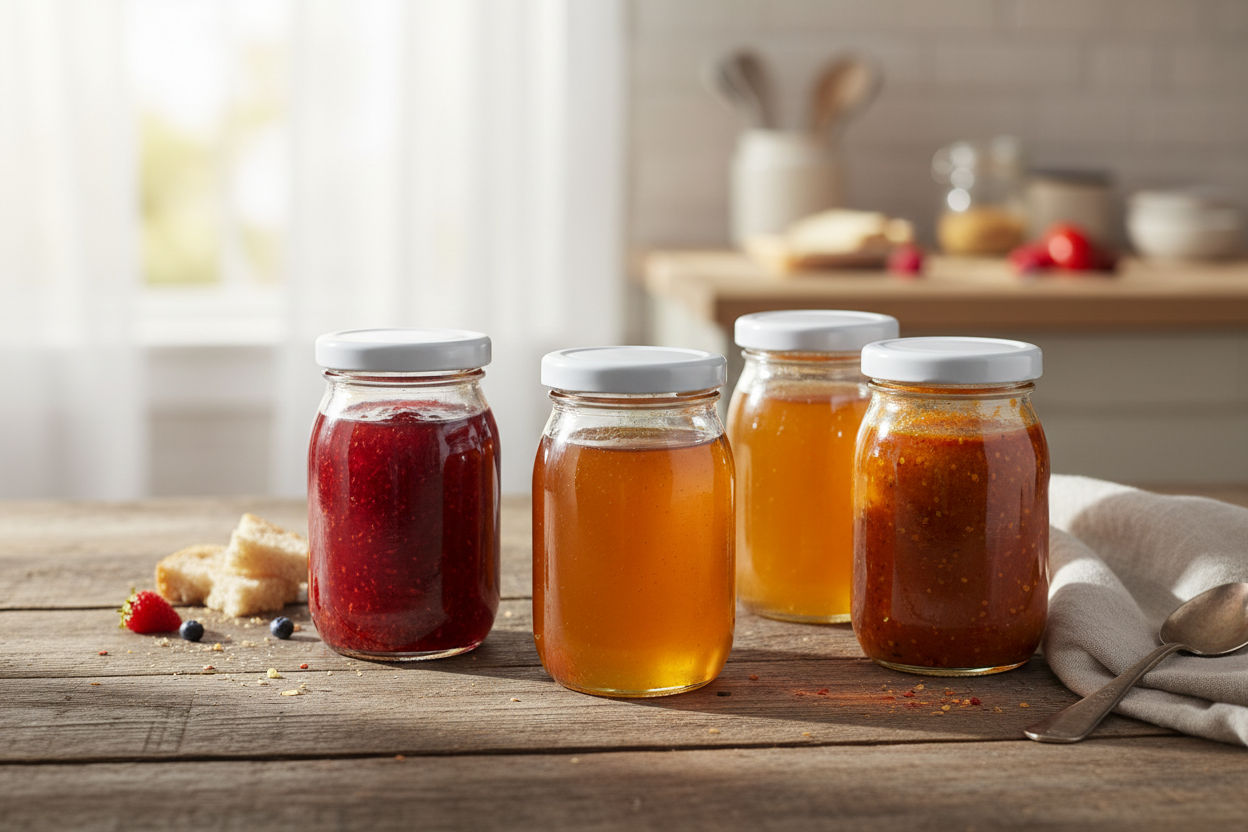 Frascos con productos artesanales variados en mesa