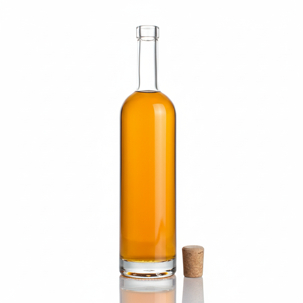 Botella de vidrio flint 750ml con whisky dorado sin corcho