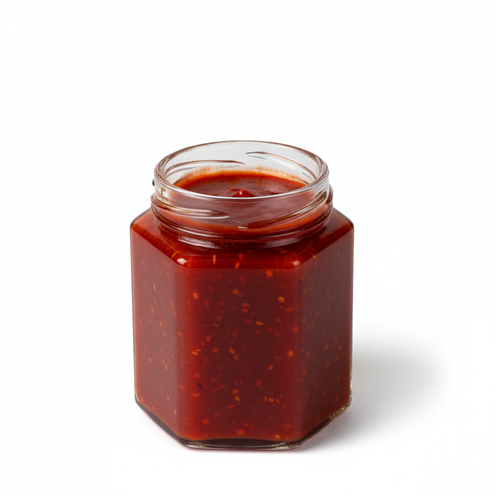 Frasco hexagonal 180ml con salsa picante mostrando uso final