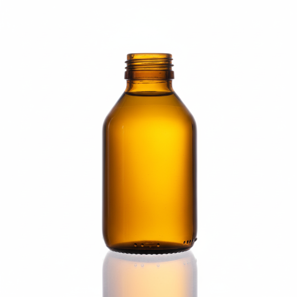 Envase de vidrio ámbar HX120F 120ml con jarabe dorado, sin etiqueta
