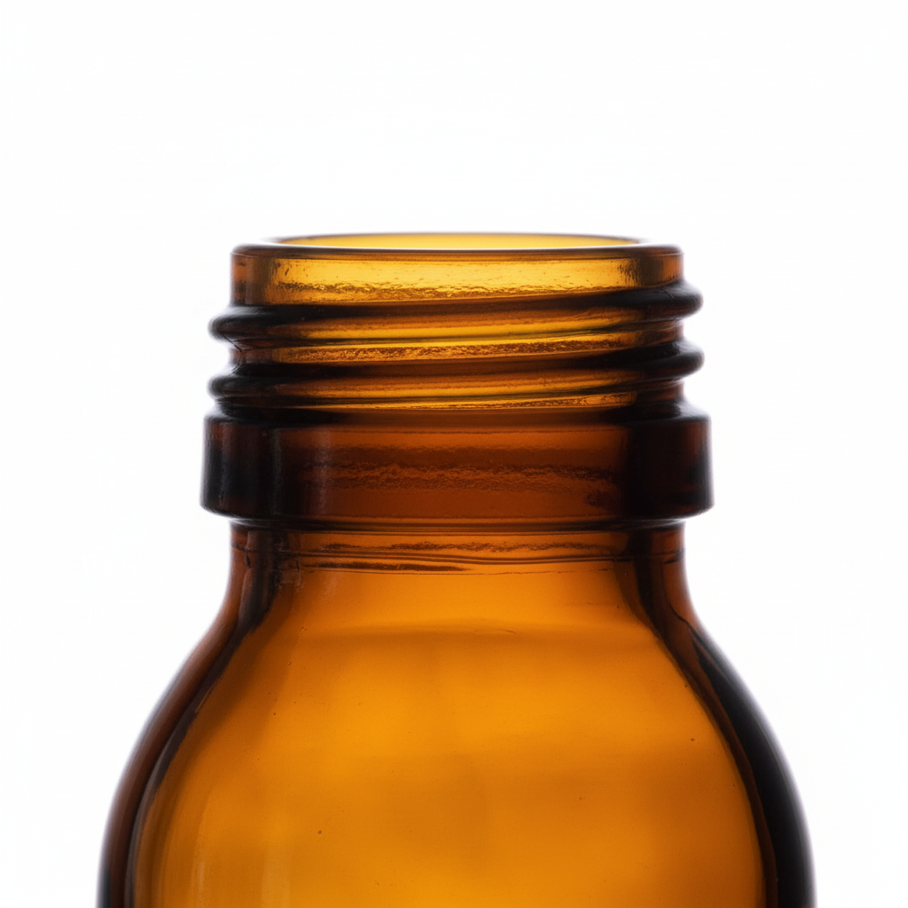 Close-up cuello MCA B.28 del envase de vidrio ámbar 60ml