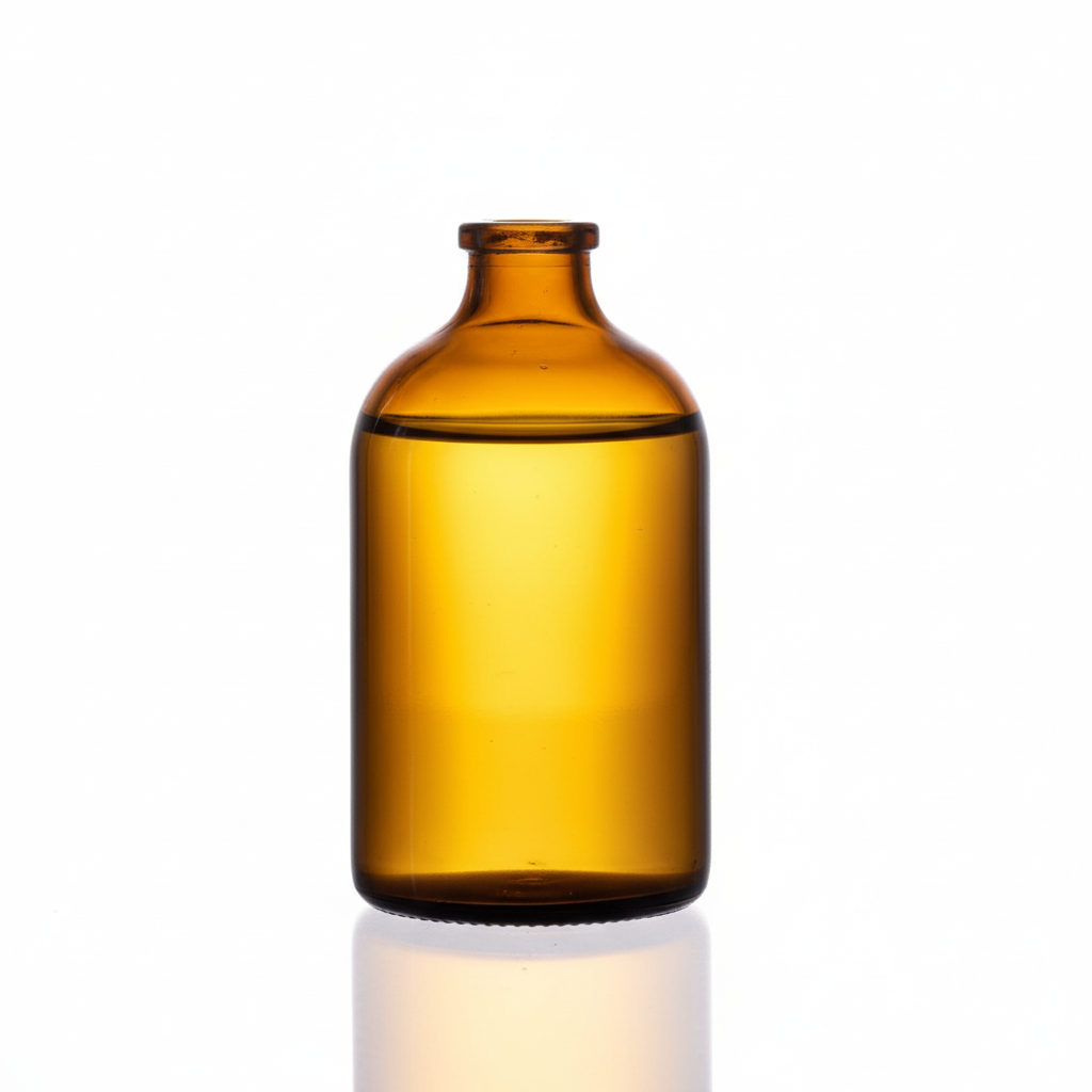 Envase de vidrio ámbar 100ml con líquido dorado, sin etiqueta