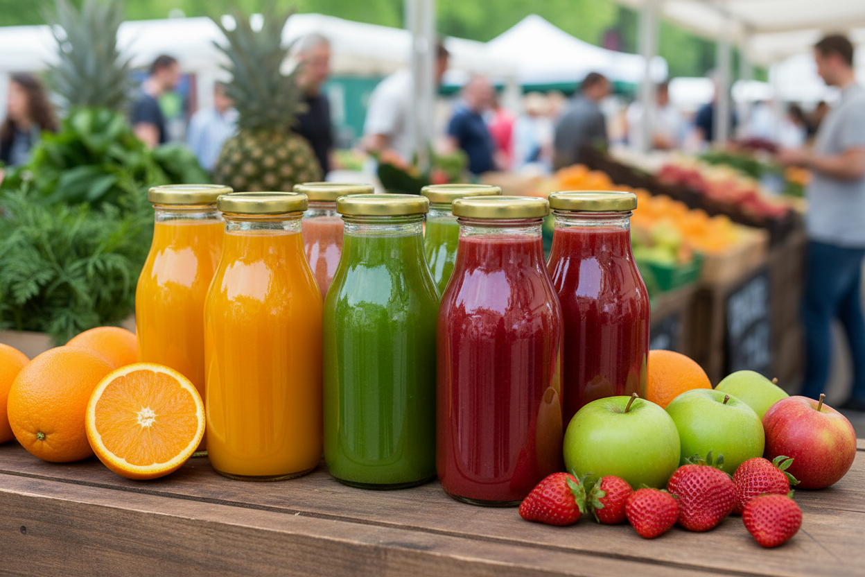 Botellas de vidrio con jugos naturales en mercado al aire libre