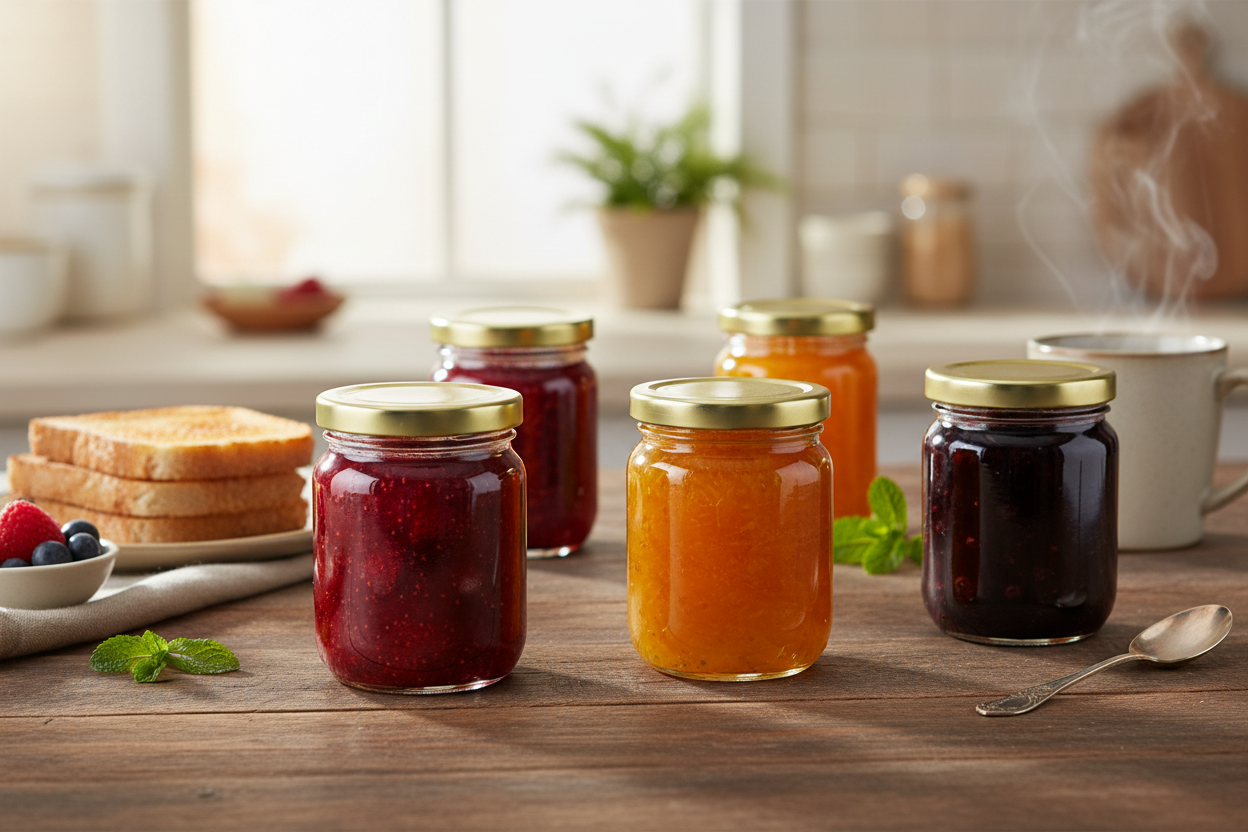 Frascos con conservas en mesa de desayuno