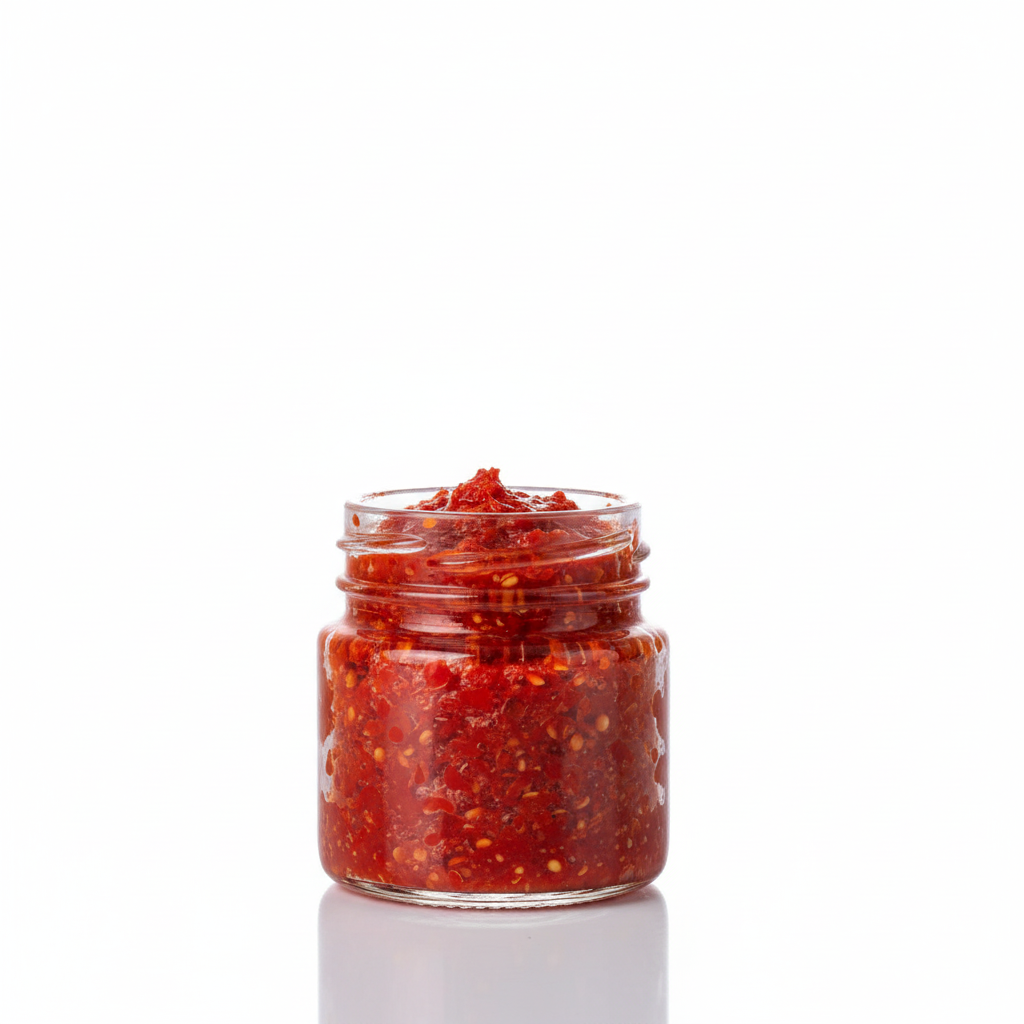 Envase de vidrio Flint 50ml con ají rojo mostrando transparencia del vidrio