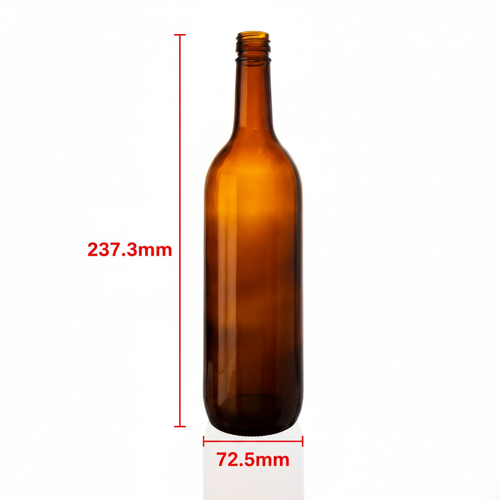 Dimensiones botella de vidrio ámbar 2312 750ml: alto 237.3mm x diámetro 72.5mm