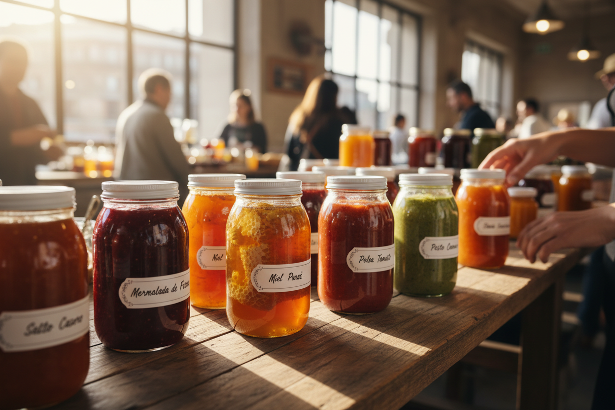 Frascos con mermeladas y salsas en mercado gourmet