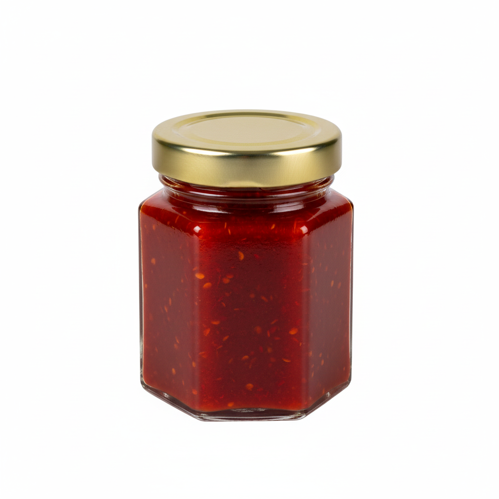 Frasco hexagonal 80ml con tapa Twist Off dorada y salsa picante