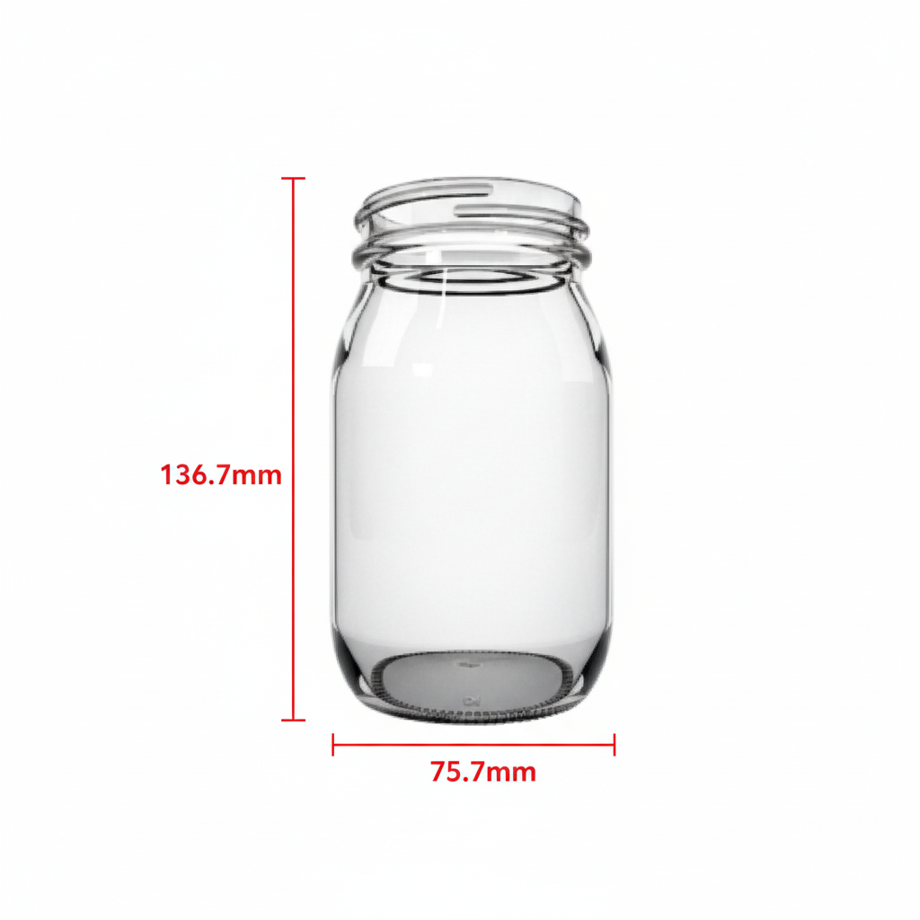 Dimensiones del frasco: 136.7mm alto × 75.7mm diámetro