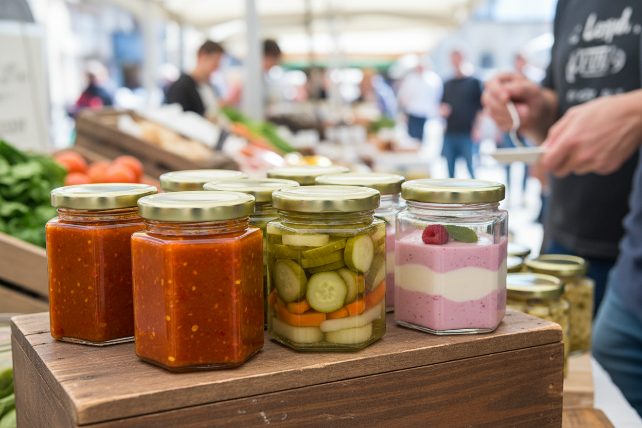 Frascos hexagonales con variedad de productos en mercado gourmet