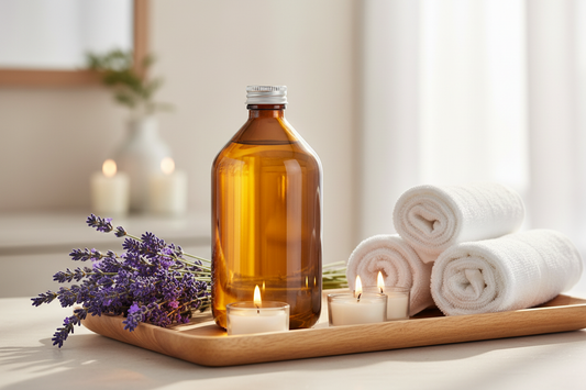 Envase ámbar en ambiente spa y aromaterapia