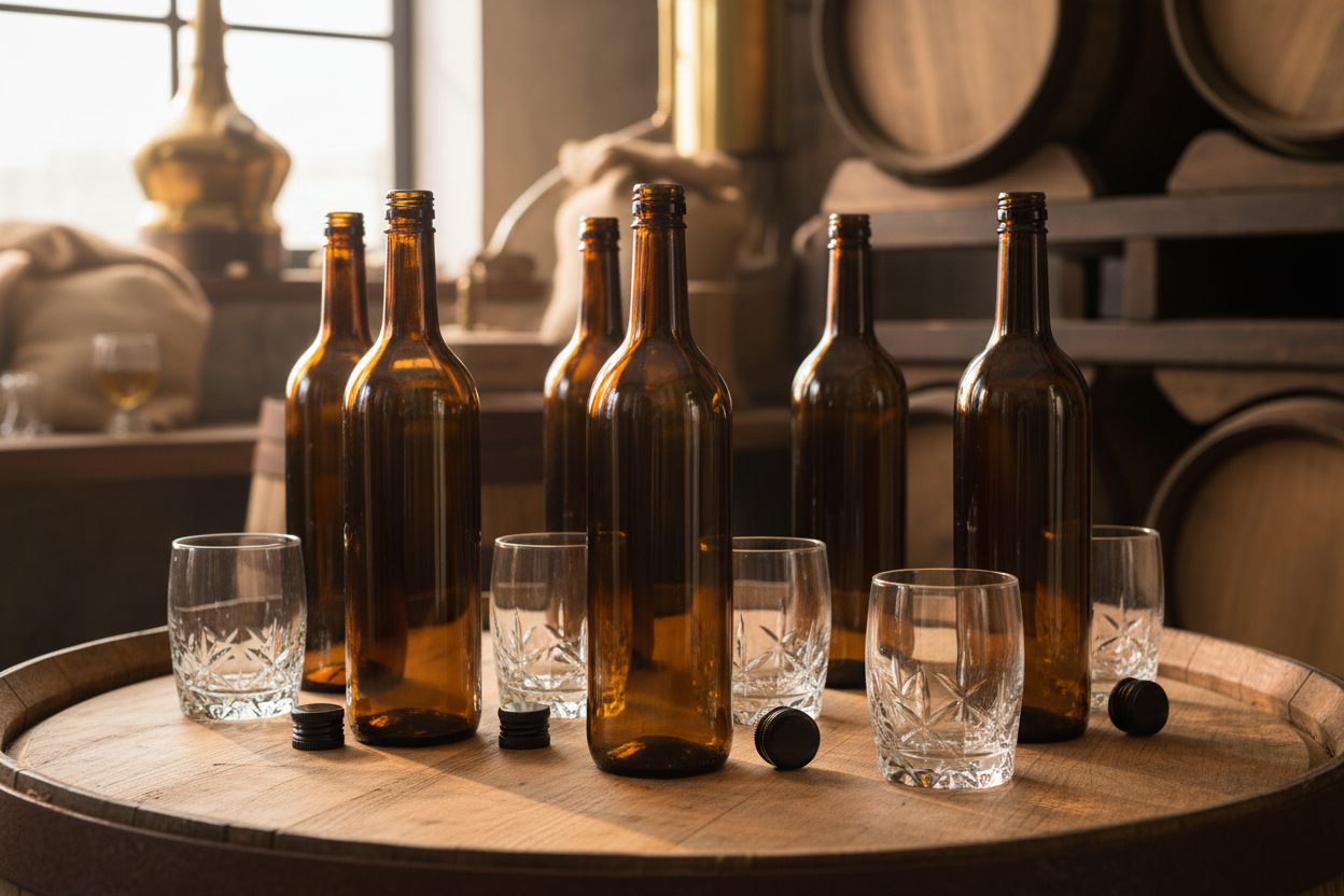 Botellas de vidrio ámbar 2312 750ml en contexto lifestyle destilería artesanal